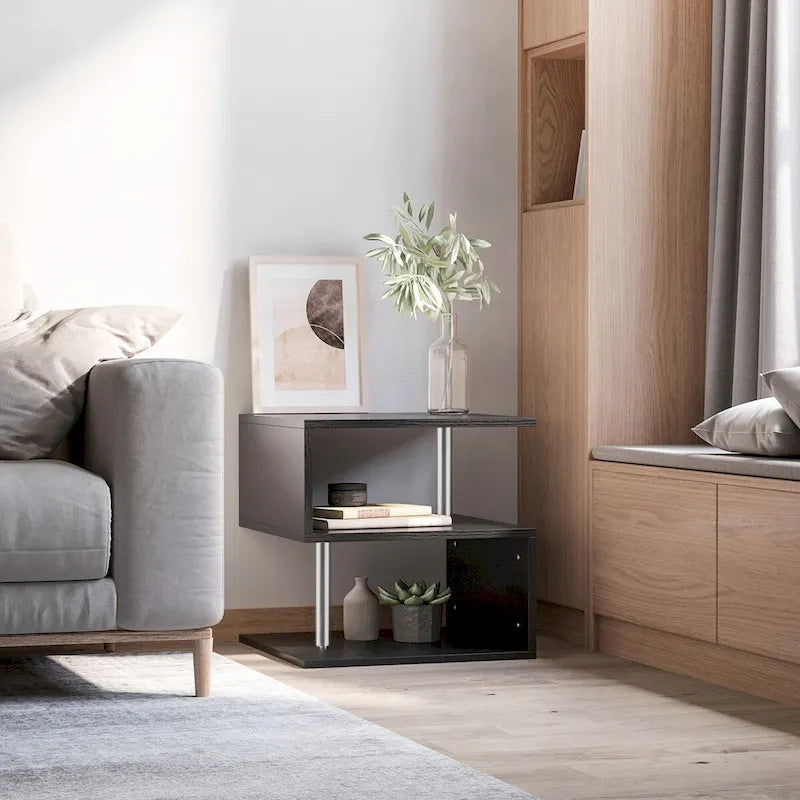 Table d'appoint moderne en forme de S avec étagère de rangement et pieds en acier