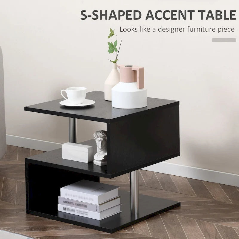 Table d'appoint moderne en forme de S avec étagère de rangement et pieds en acier