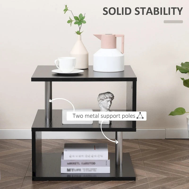 Table d'appoint moderne en forme de S avec étagère de rangement et pieds en acier