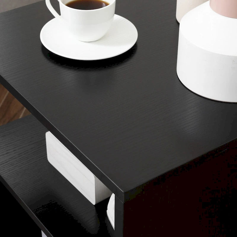 Table d'appoint moderne en forme de S avec étagère de rangement et pieds en acier