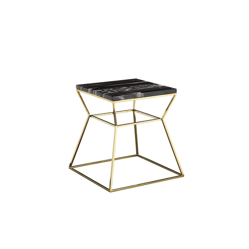 Table d'appoint Lio 45 cm, plateau en marbre noir, structure dorée en forme de sablier ouvert