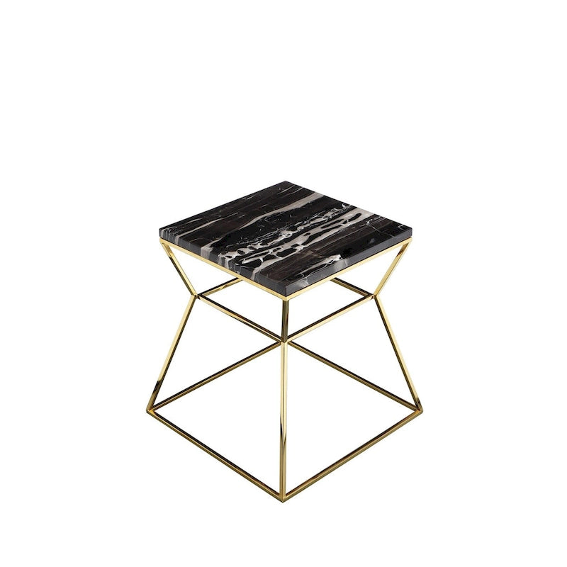 Table d'appoint Lio 45 cm, plateau en marbre noir, structure dorée en forme de sablier ouvert
