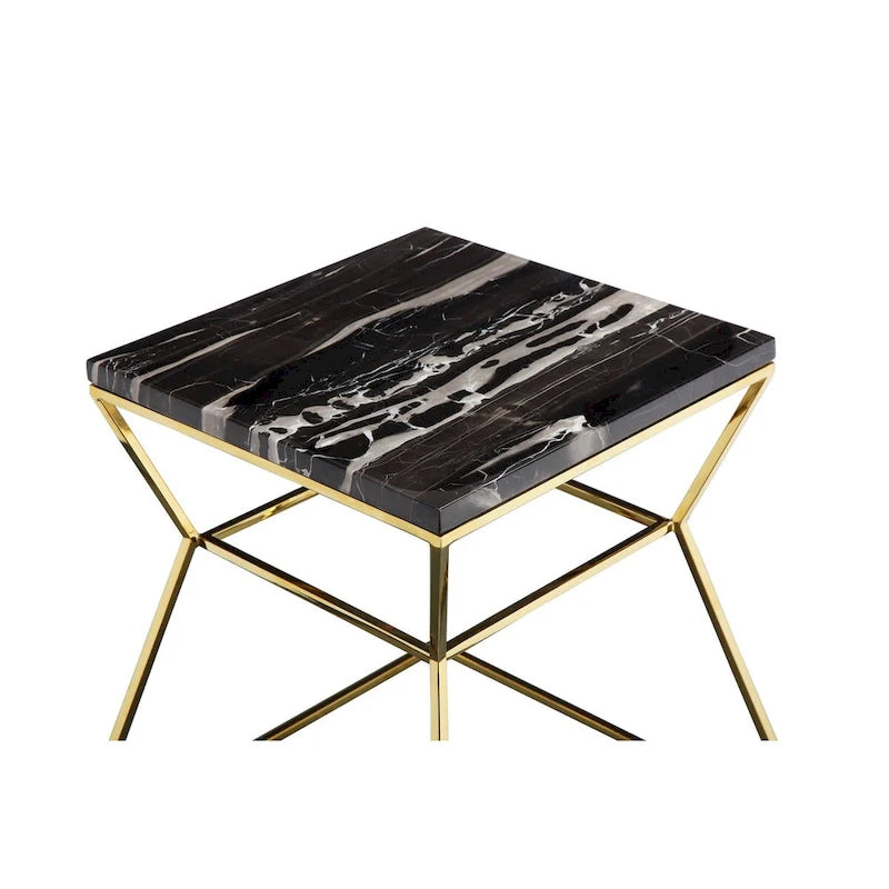 Table d'appoint Lio 45 cm, plateau en marbre noir, structure dorée en forme de sablier ouvert