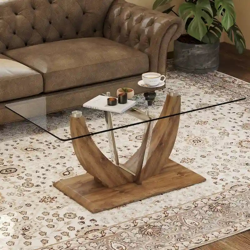 Modern Minimalist Transparent Tempered Glass Coffee Table With Wooden Mdf Legs