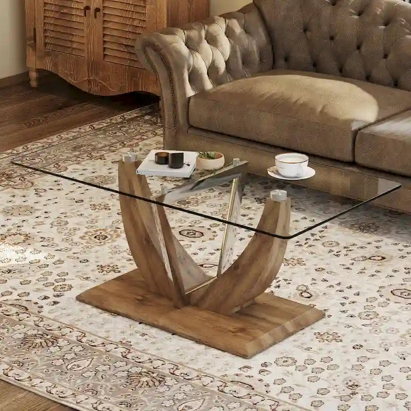 Table basse moderne minimaliste en verre trempé transparent avec pieds en MDF bois