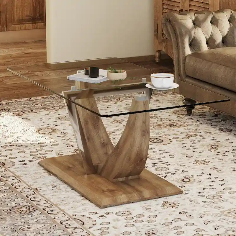 Table basse moderne minimaliste en verre trempé transparent avec pieds en MDF bois