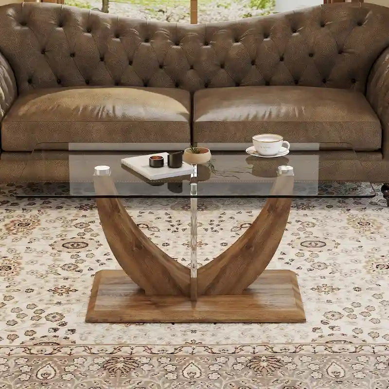 Table basse moderne minimaliste en verre trempé transparent avec pieds en MDF bois