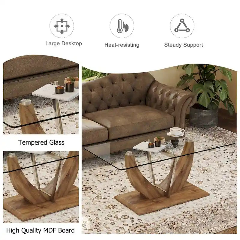 Table basse moderne minimaliste en verre trempé transparent avec pieds en MDF bois