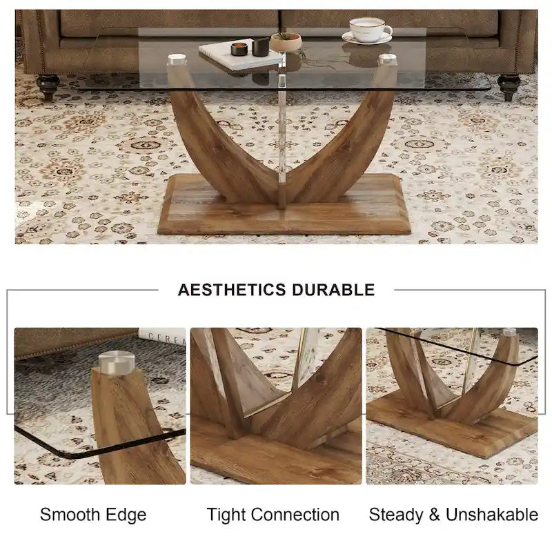 Table basse moderne minimaliste en verre trempé transparent avec pieds en MDF bois