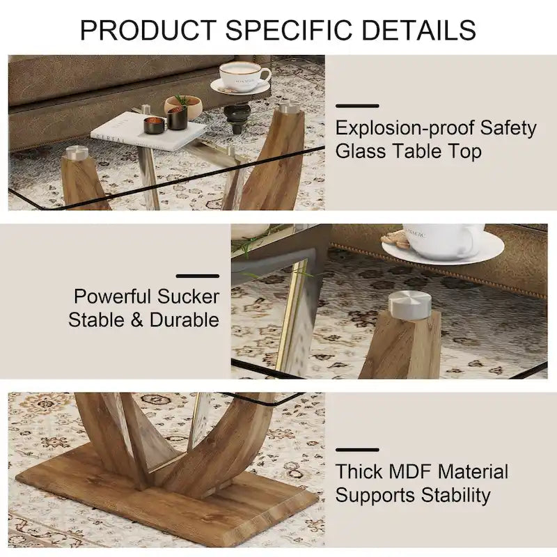 Table basse moderne minimaliste en verre trempé transparent avec pieds en MDF bois