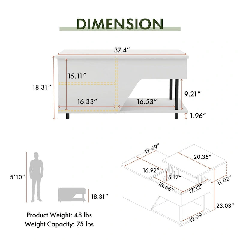 Table basse relevable DH BASIC Modern de 37 pouces avec lumière LED 16 couleurs et étagère réglable