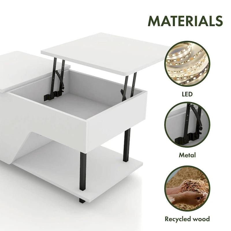Table basse relevable DH BASIC Modern de 37 pouces avec lumière LED 16 couleurs et étagère réglable