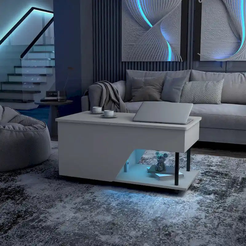 Table basse relevable DH BASIC Modern de 37 pouces avec lumière LED 16 couleurs et étagère réglable