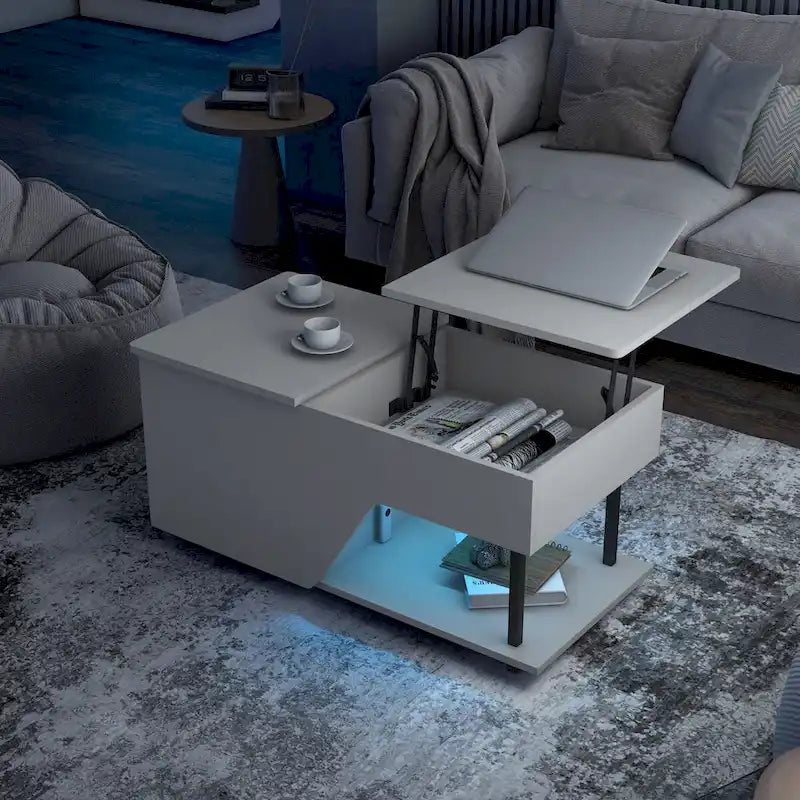 Table basse relevable DH BASIC Modern de 37 pouces avec lumière LED 16 couleurs et étagère réglable