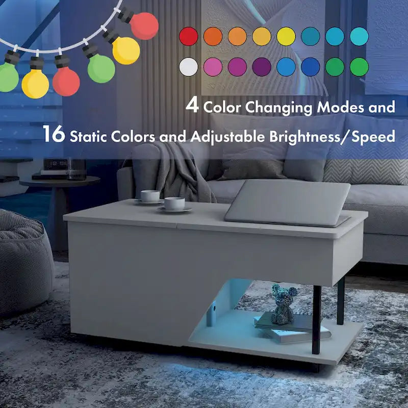 Table basse relevable DH BASIC Modern de 37 pouces avec lumière LED 16 couleurs et étagère réglable