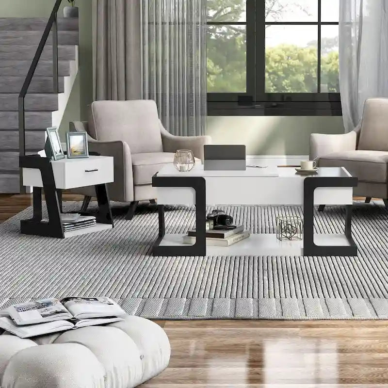 Ensemble de 2 tables basses modernes Denhour DH BASIC à plateau relevable (table basse et table d'appoint), blanc