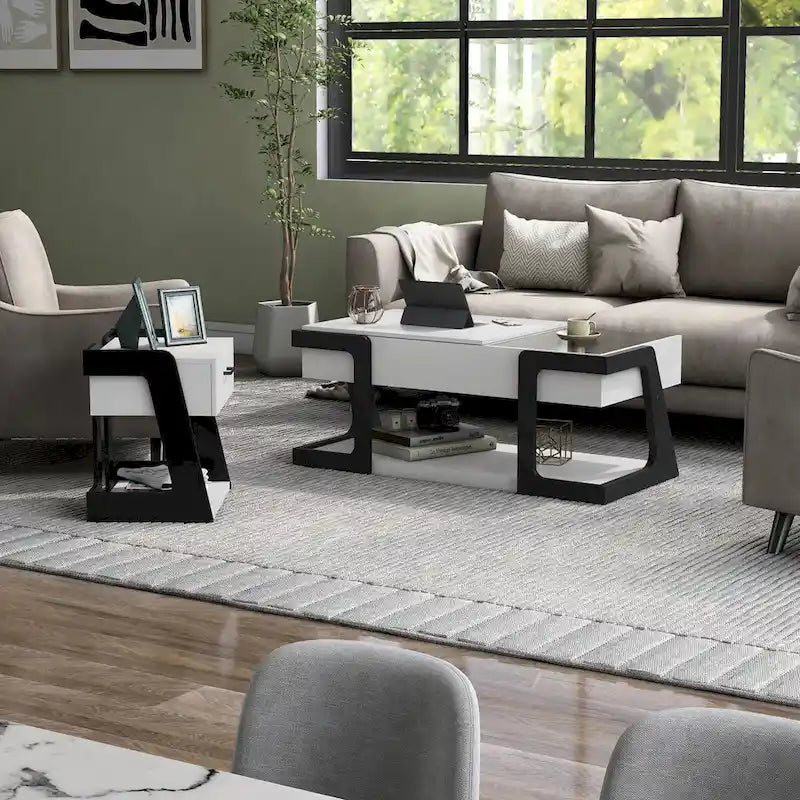 Ensemble de 2 tables basses modernes Denhour DH BASIC à plateau relevable (table basse et table d'appoint), blanc