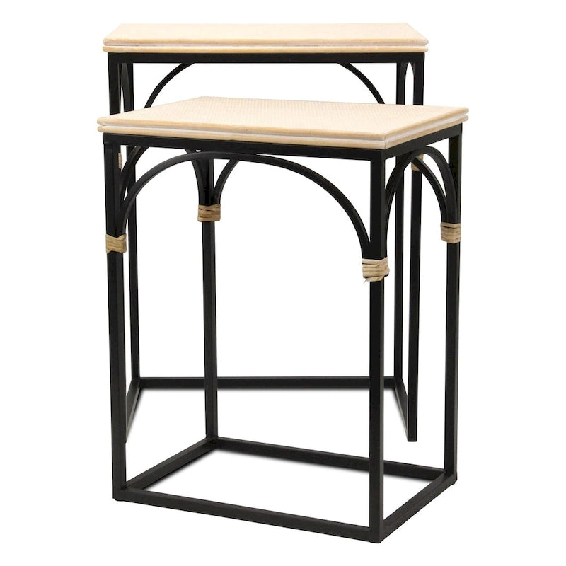 Lot de 2 tables d'appoint rectangulaires en bois et métal, avec accents en rotin Claudette