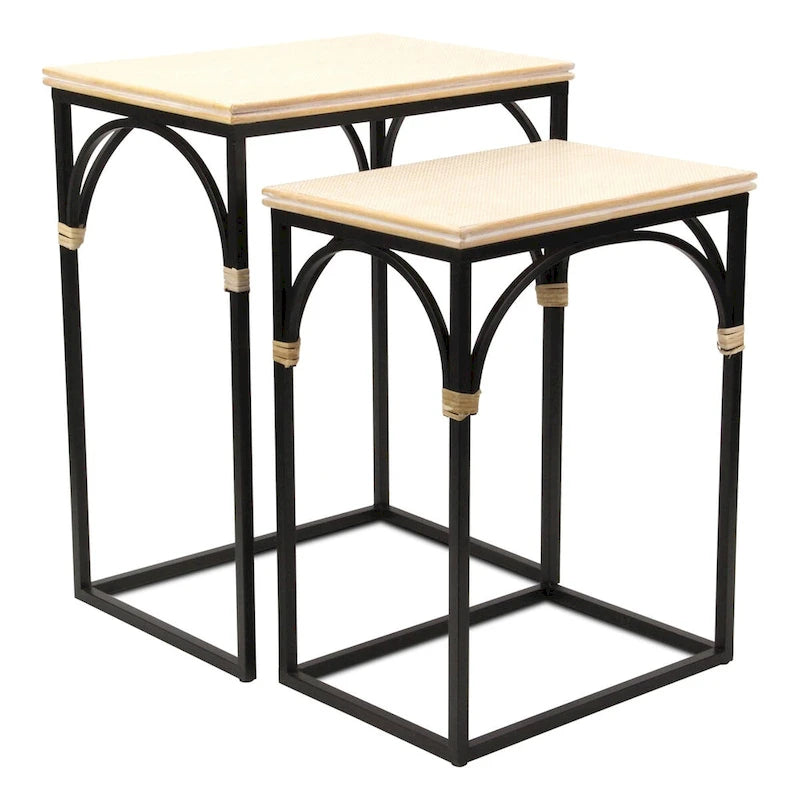 Lot de 2 tables d'appoint rectangulaires en bois et métal, avec accents en rotin Claudette
