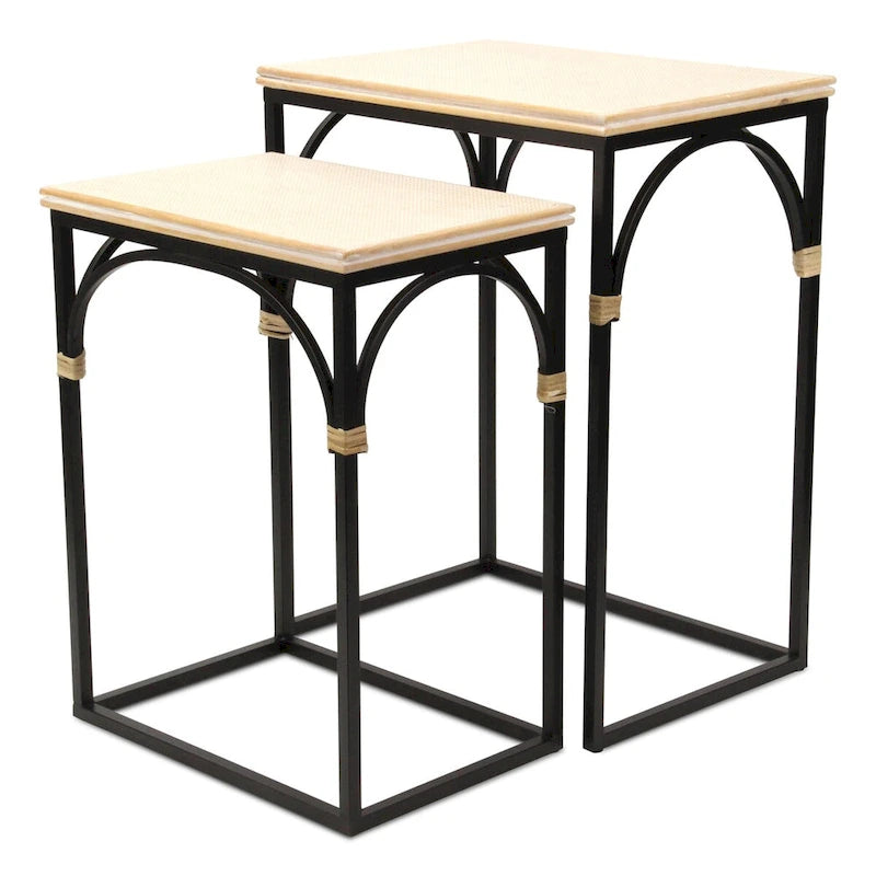 Lot de 2 tables d'appoint rectangulaires en bois et métal, avec accents en rotin Claudette