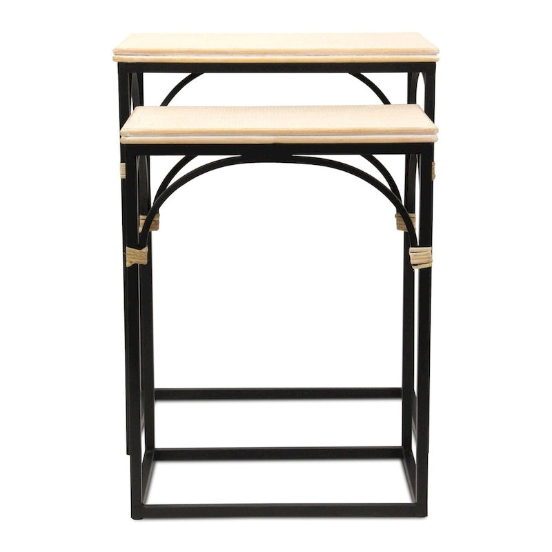 Lot de 2 tables d'appoint rectangulaires en bois et métal, avec accents en rotin Claudette