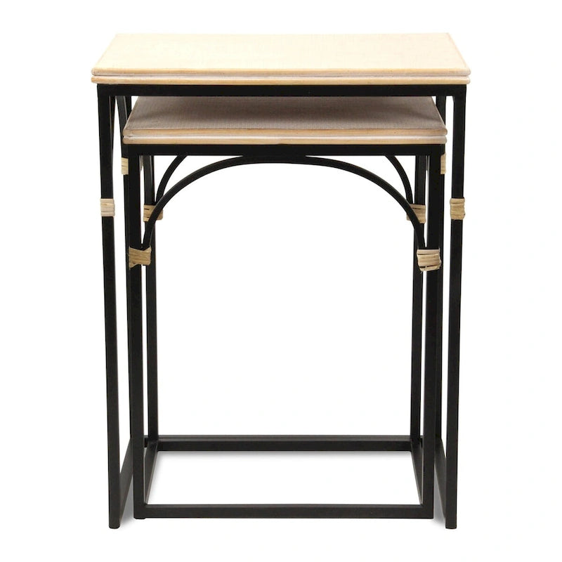 Lot de 2 tables d'appoint rectangulaires en bois et métal, avec accents en rotin Claudette