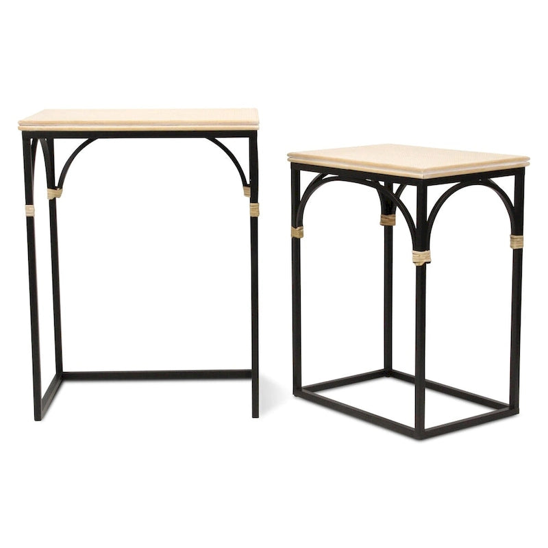 Lot de 2 tables d'appoint rectangulaires en bois et métal, avec accents en rotin Claudette