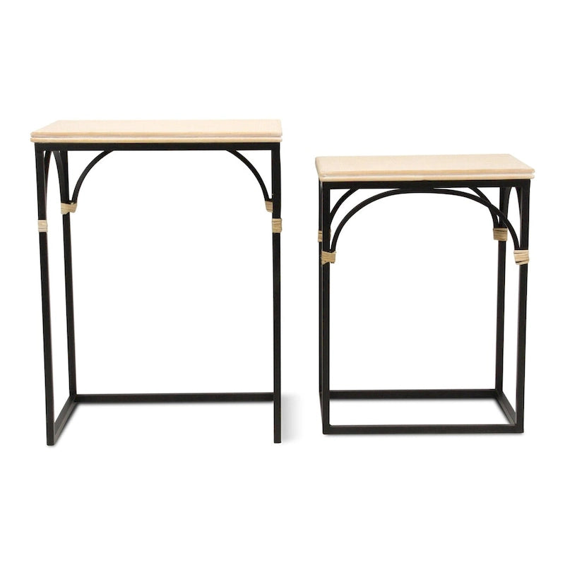 Lot de 2 tables d'appoint rectangulaires en bois et métal, avec accents en rotin Claudette