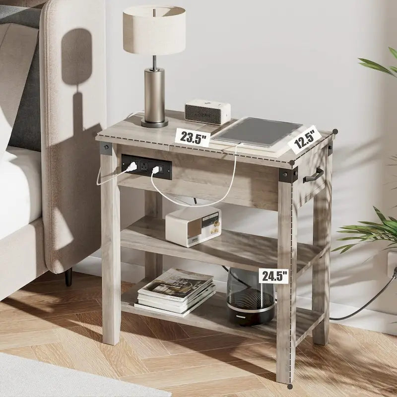 Table d'appoint étroite à 3 niveaux avec tiroir et rangement
