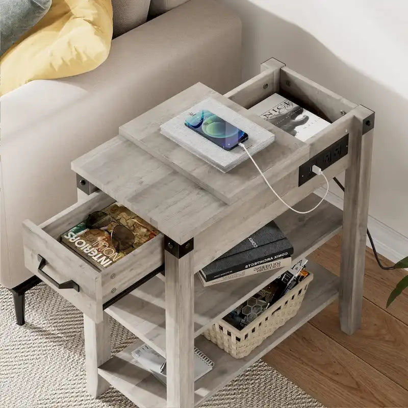 Table d'appoint étroite à 3 niveaux avec tiroir et rangement