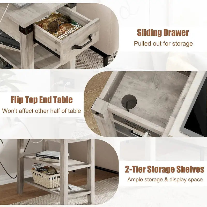 Table d'appoint étroite à 3 niveaux avec tiroir et rangement