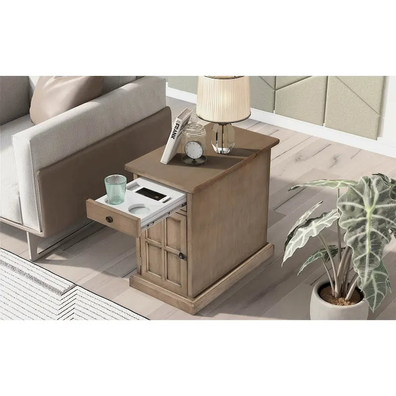 Table d'appoint de salon vintage classique avec ports USB et un tiroir multifonctionnel avec porte-gobelets