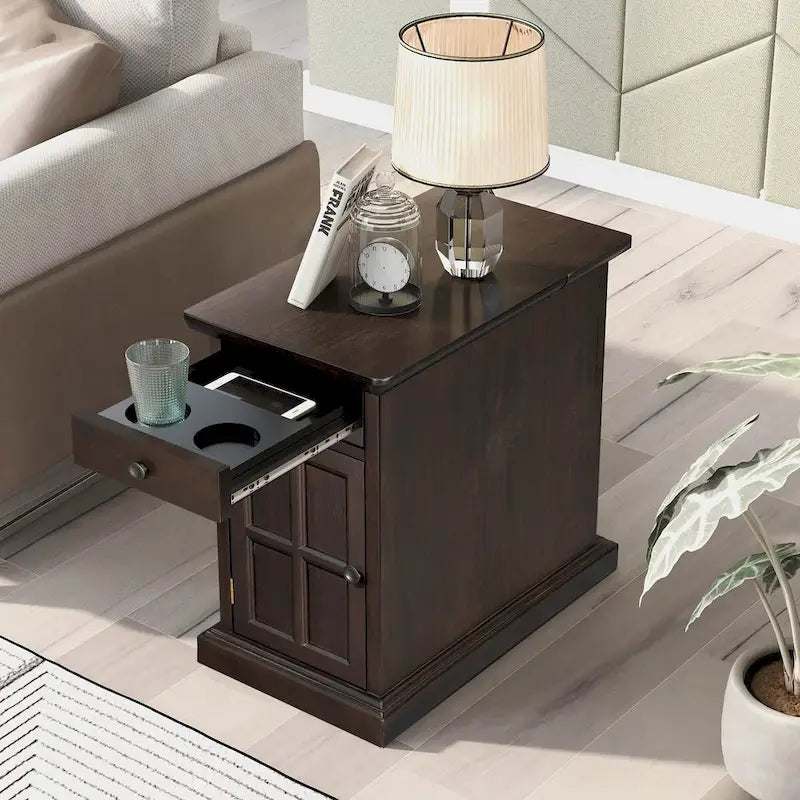 Table d'appoint de salon vintage classique avec ports USB et un tiroir multifonctionnel avec porte-gobelets