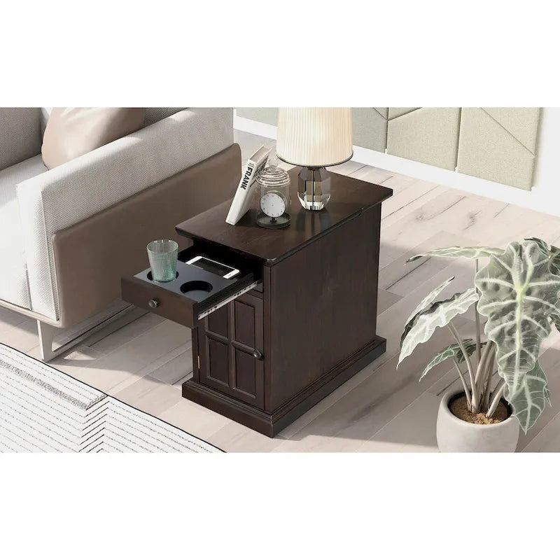 Table d'appoint de salon vintage classique avec ports USB et un tiroir multifonctionnel avec porte-gobelets