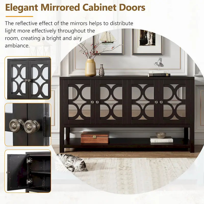 Console de table/Meuble de rangement/Buffet rétro élégant avec portes en miroir, étagères spacieuses et pieds durables en bois d'acacia
