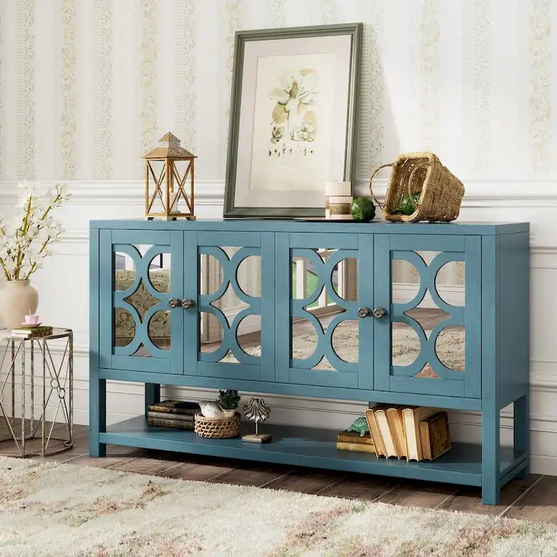 Console de table/Meuble de rangement/Buffet rétro élégant avec portes en miroir, étagères spacieuses et pieds durables en bois d'acacia