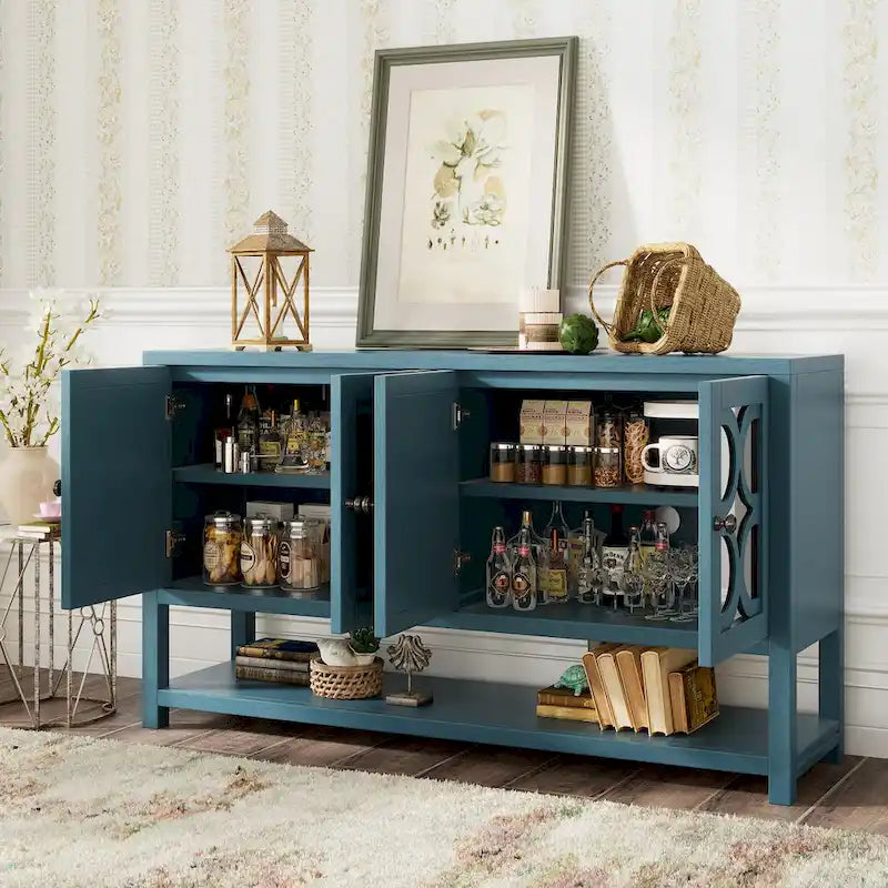Console de table/Meuble de rangement/Buffet rétro élégant avec portes en miroir, étagères spacieuses et pieds durables en bois d'acacia