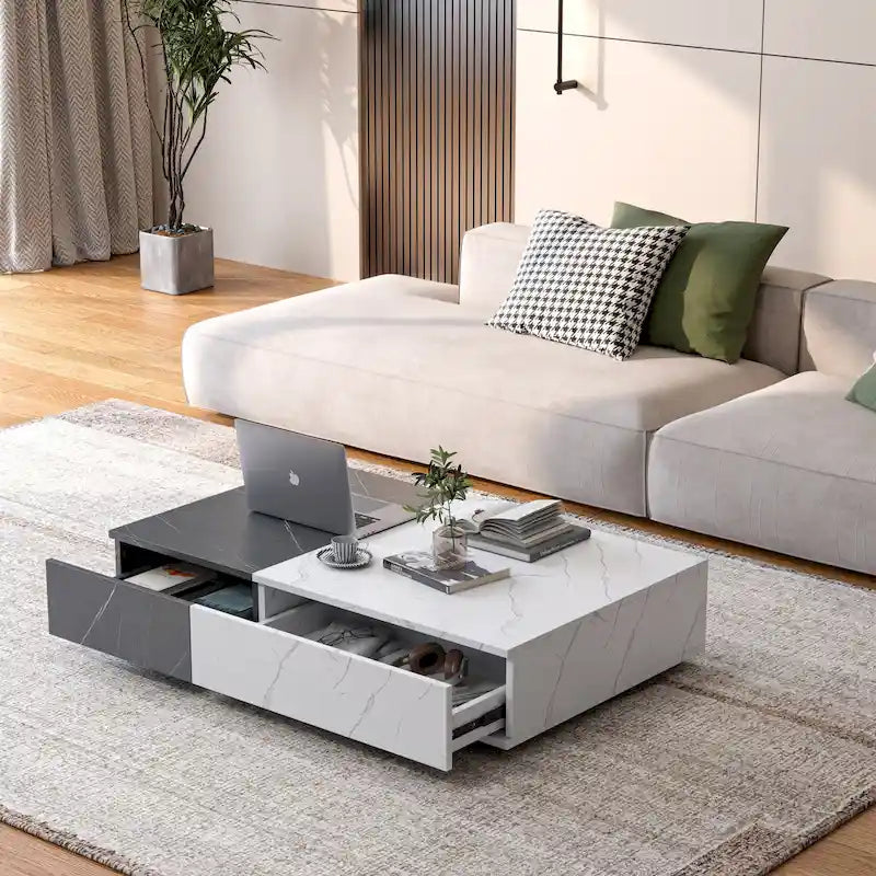 Table basse de style moderne noire et blanche avec deux espaces de rangement
