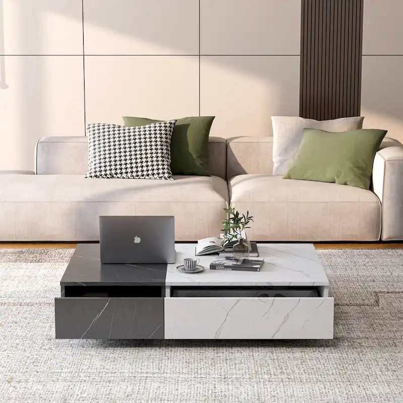 Table basse de style moderne noire et blanche avec deux espaces de rangement