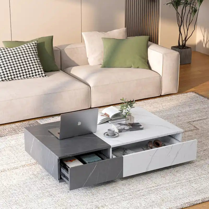 Table basse de style moderne noire et blanche avec deux espaces de rangement