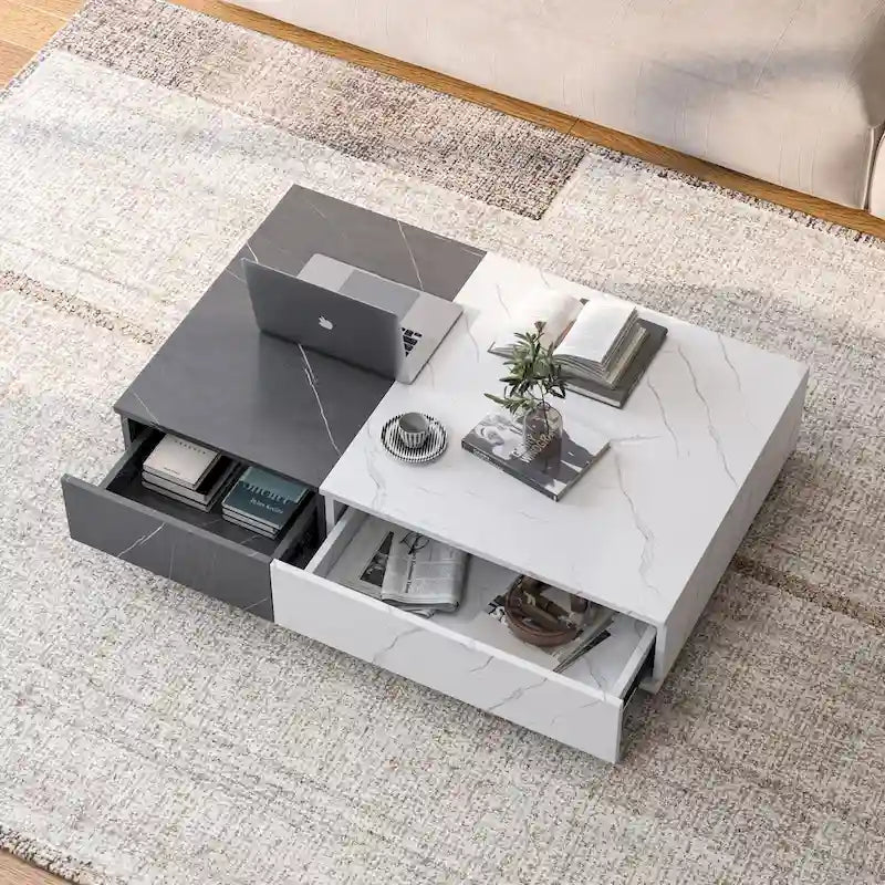 Table basse de style moderne noire et blanche avec deux espaces de rangement