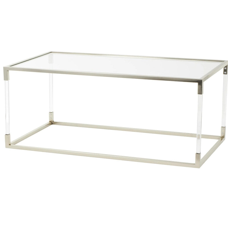 Table basse en acrylique ou en métal avec plateau en verre et pieds en acrylique ou support en cadre argenté – Doré ou transparent – Roche River Decor