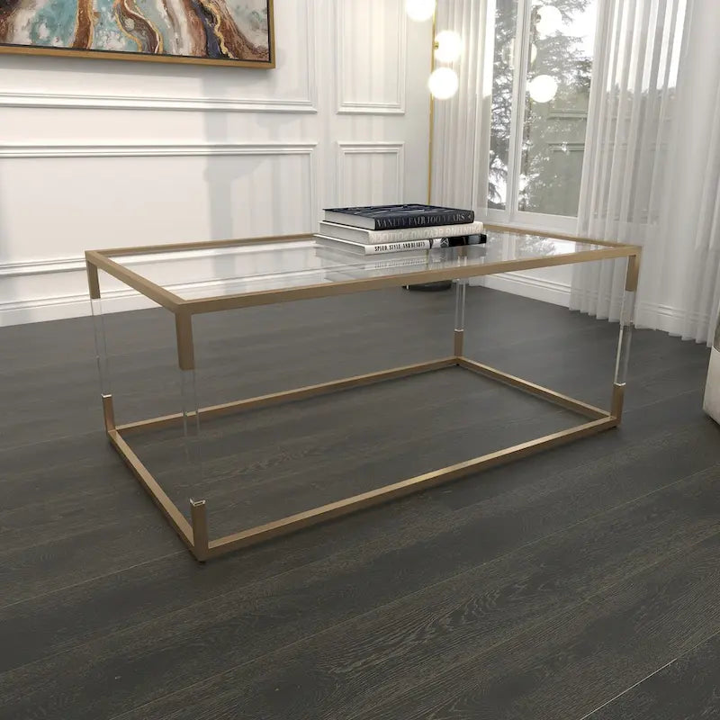 Table basse en acrylique ou en métal avec plateau en verre et pieds en acrylique ou support en cadre argenté – Doré ou transparent – Roche River Decor