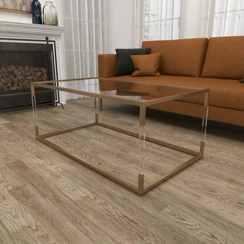 Table basse en acrylique ou en métal avec plateau en verre et pieds en acrylique ou support en cadre argenté – Doré ou transparent – Roche River Decor