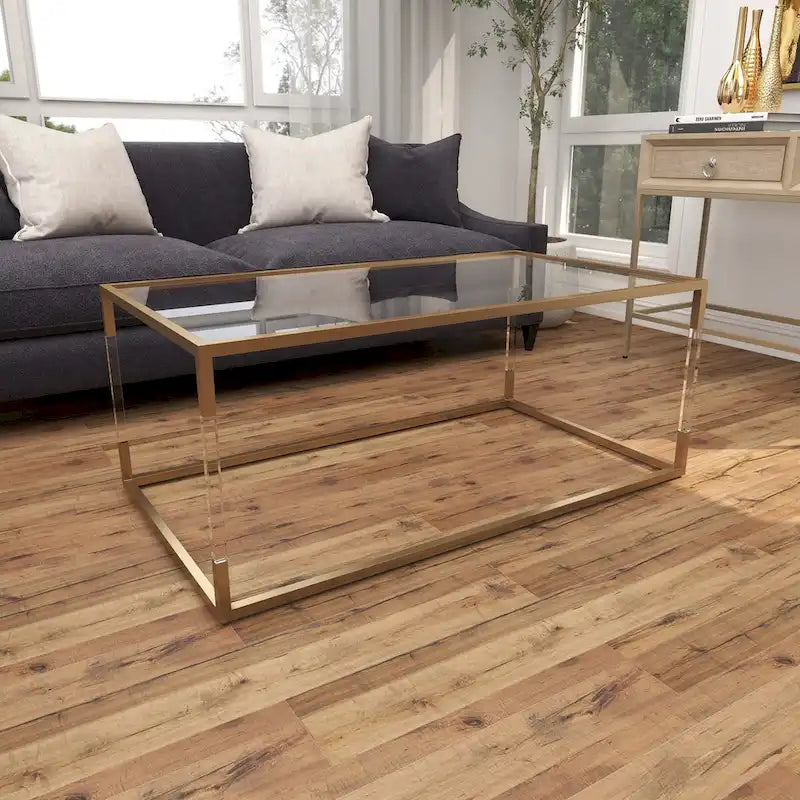 Table basse en acrylique ou en métal avec plateau en verre et pieds en acrylique ou support en cadre argenté – Doré ou transparent – Roche River Decor