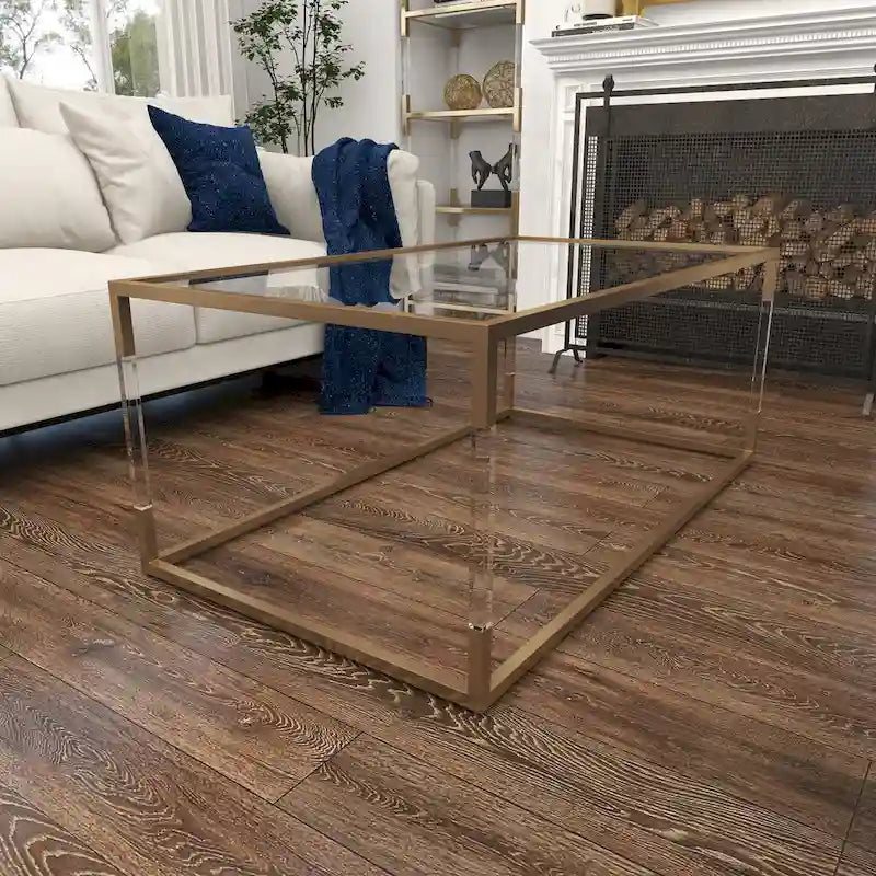 Table basse en acrylique ou en métal avec plateau en verre et pieds en acrylique ou support en cadre argenté – Doré ou transparent – Roche River Decor