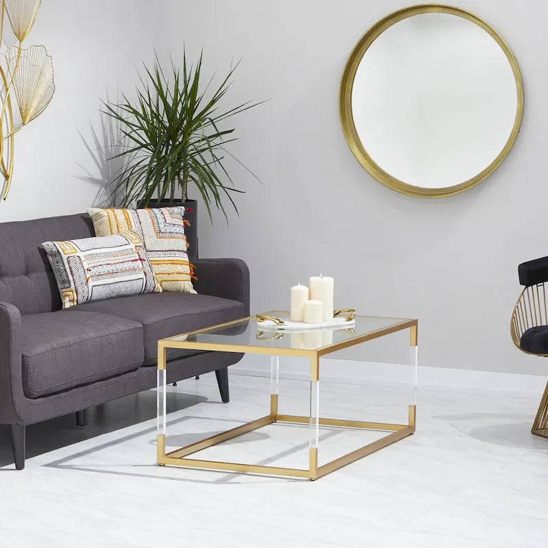 Table basse en acrylique ou en métal avec plateau en verre et pieds en acrylique ou support en cadre argenté – Doré ou transparent – Roche River Decor