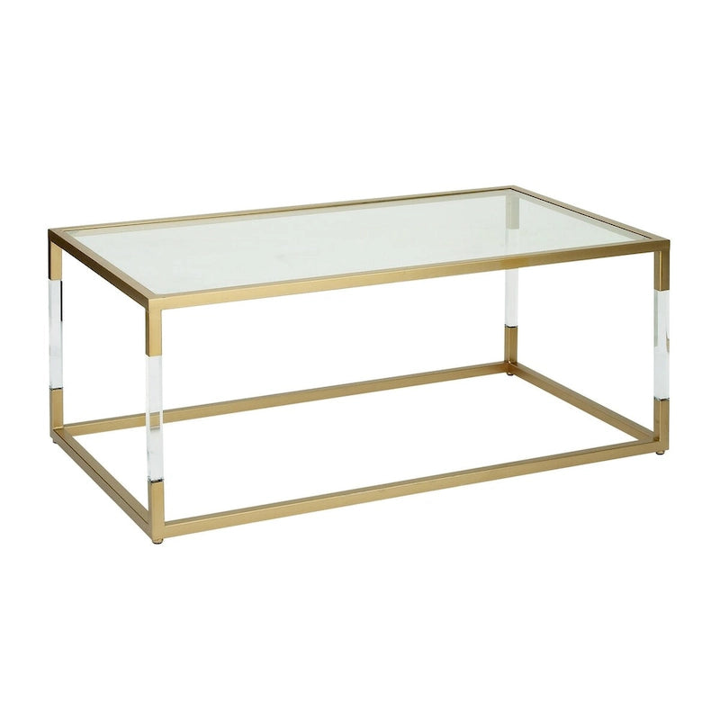 Table basse en acrylique ou en métal avec plateau en verre et pieds en acrylique ou support en cadre argenté – Doré ou transparent – Roche River Decor