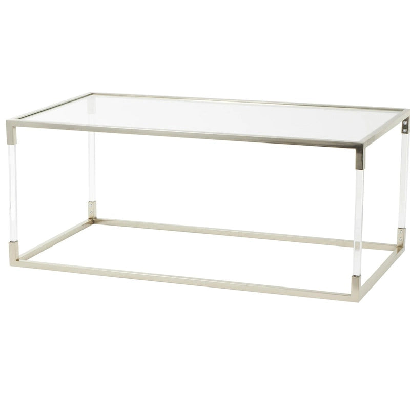 Table basse en acrylique ou en métal avec plateau en verre et pieds en acrylique ou support en cadre argenté – Doré ou transparent – Roche River Decor