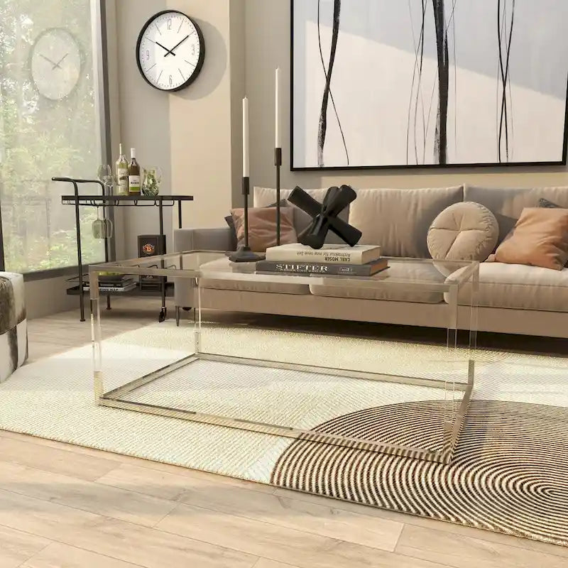 Table basse en acrylique ou en métal avec plateau en verre et pieds en acrylique ou support en cadre argenté – Doré ou transparent – Roche River Decor